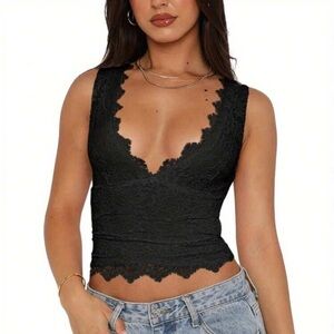 Black Lace Plunging Sleeveless Top
